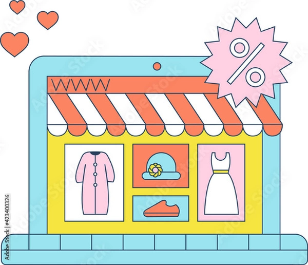 Fototapeta Set of E-commerce elements. Online shopping, sales. Clothesing, shoe, dress in laptop. Modern flat style vector illustration for banners, websites, apps