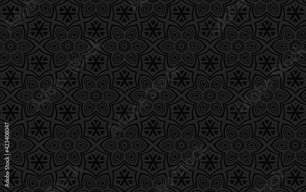 Fototapeta Geometric 3D convex volumetric abstraction. Black background of simple patterns, flowers, curls and lines for presentations, wallpapers, websites. Ethnic embossed texture.
