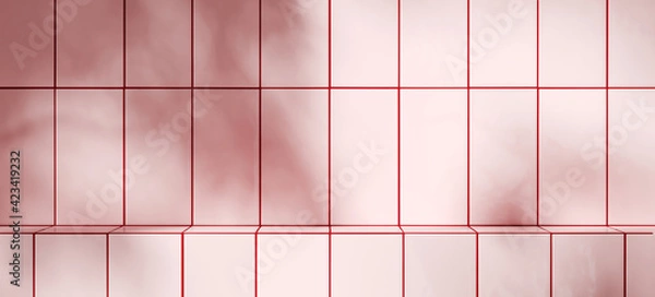 Fototapeta Summer mockup background for product presentation. Pink tile podium and red grout with plant shadow. Clipping path included. 3d rendering illustration. 