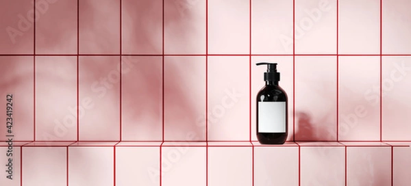 Fototapeta Summer mockup background for product presentation. Cosmetic bottle, pink tile podium and red grout with plant shadow. Clipping path included. 3d rendering illustration. 