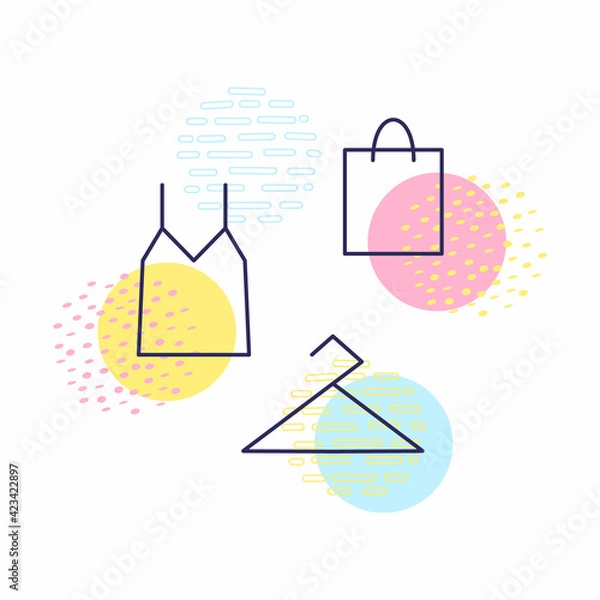Fototapeta Singlet coat hanger bag linear contour empty creative design geometric sign icon circle bright colors yellow blue pink small elements abstraction vector illustration.