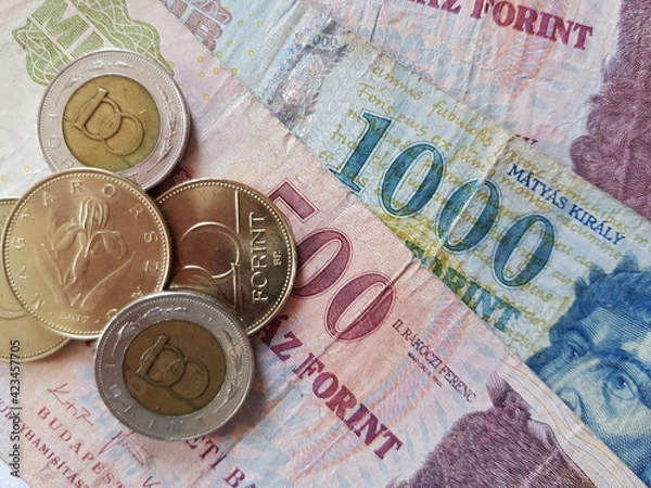 Fototapeta Hungarian Forint Banknotes and Coins, HUF, Hungarian currency, Inflation