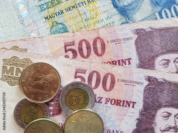 Obraz Hungarian Forint Banknotes and Coins, HUF, Hungarian currency, Inflation