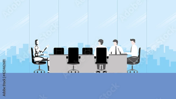 Fototapeta Human versus with artificial intelligence mechanism robot working together as a team during a business meeting in the office conference room. Flat design style technology in future business concept.