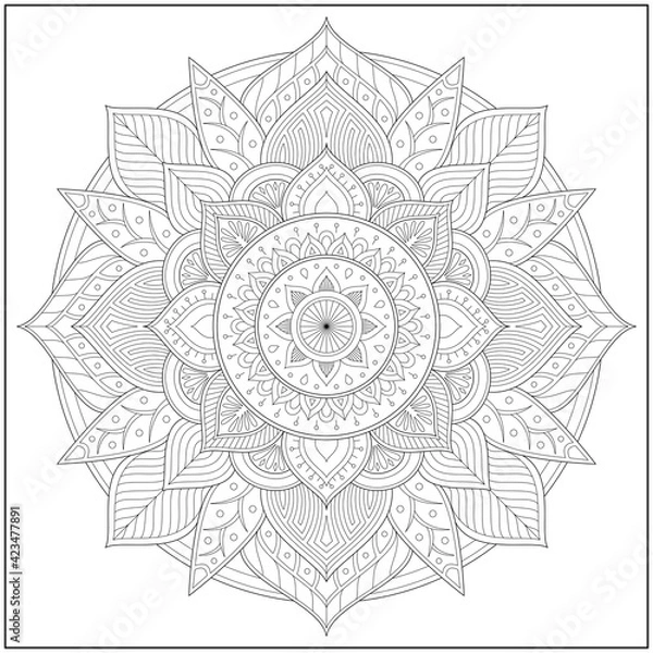 Fototapeta Circular pattern in form of mandala for learning and education. Coloring page illustration for adults and children. Outline style, black and white drawing.