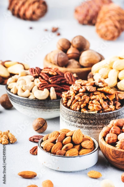 Fototapeta Assortment of nuts in bowls. Cashews, hazelnuts, walnuts, pistachios, pecans, pine nuts, peanuts, macadamia, almonds, brazil nuts. Food mix on gray background, copy space