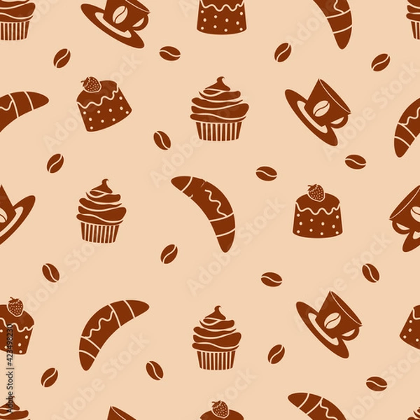 Fototapeta seamless coffee pattern with croissants and buns