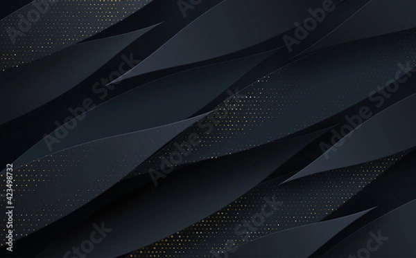 Obraz Abstract 3d background with layers of black paper. Vector geometric illustration of carbon sliced shapes with gold glittering elements. Graphic design element.