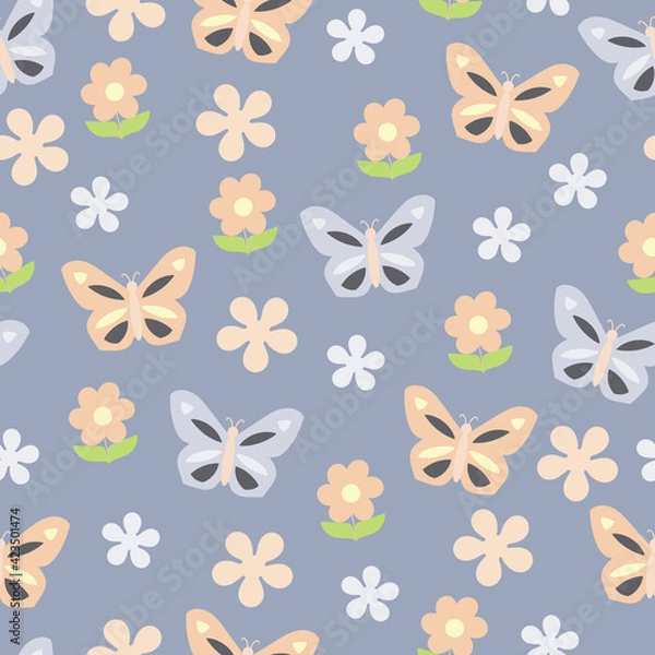 Obraz Flowers and Butterflies on Blue background. Vector illustration repeat seamless pattern design.