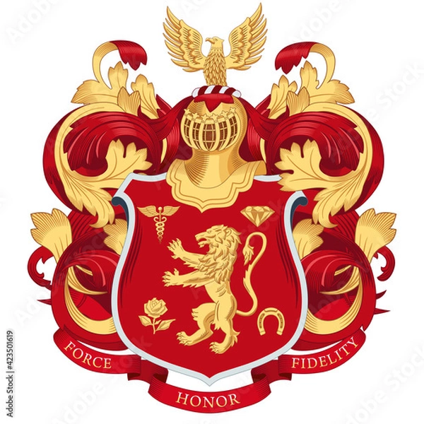 Obraz Family coat of arms. Knight's helmet over the shield. Heraldic lion and different symbols. Motto ribbon with the inscription force honor fidelity
