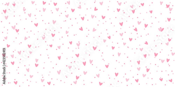 Fototapeta Pink white background with hearts and dots, seamless pattern, vector drawing wide horizontal