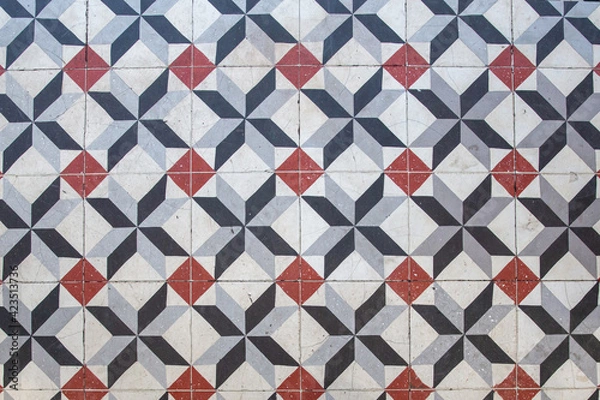 Obraz top view, red, white, blue, tiled floor background with square patterns