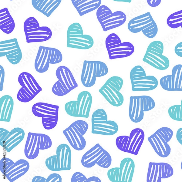 Fototapeta Seamless pattern with hearts in shades of blue and violet on white background. Vector design for textile, backgrounds, clothes, wrapping paper and wallpaper. Fashion illustration seamless print.