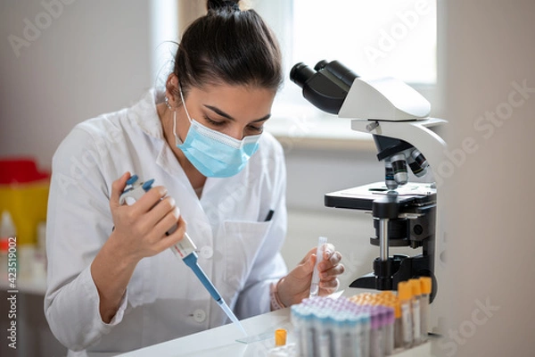 Fototapeta Female scientist working in a laboratory examining samples.