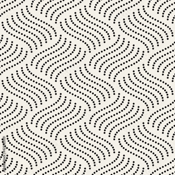 Obraz Vector seamless pattern. Repeating texture with wavy dotted lines. Monochrome geometric background. Dotted lines form wavy stripes.