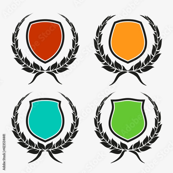 Fototapeta Protect guard shield wreath concept. Outline shield badge. Safety icon set. Privacy banner kit. Security label. Flat style protect garland sticker symbol shape. Safeguard simple sign wreath pictogram