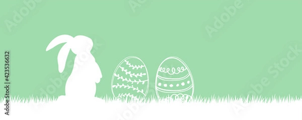 Fototapeta Happy Easter. Green and orange easter background card with eggs and rabbit. Vector illustration great for package banner