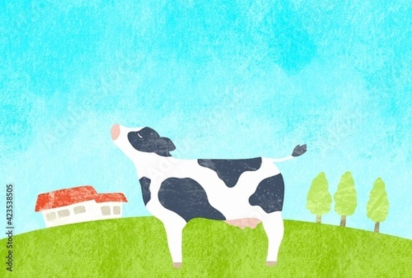 Obraz お天気な日に牧場で佇む牛さんのイラスト