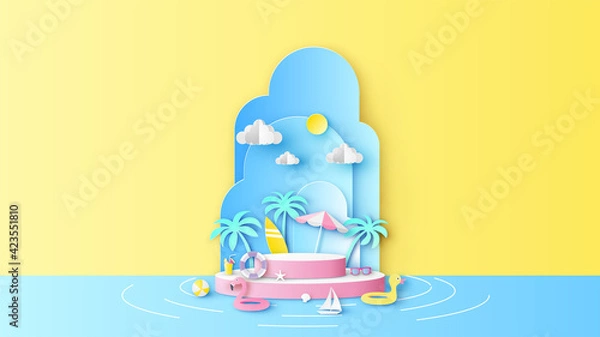 Obraz Circle stage podium for Summer decorated with beach equipment and blank space. Summer sea mockup template. paper cut and craft style. vector, illustration.