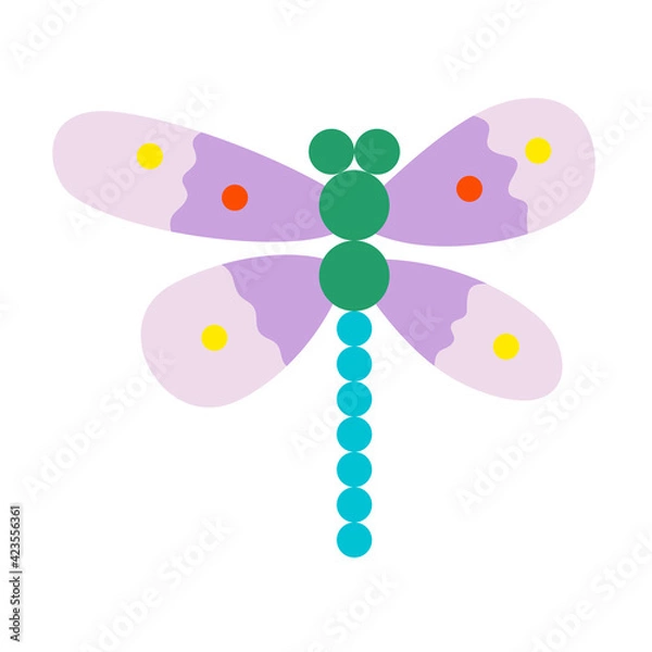 Obraz Elegant stylized dragonfly-flower. Fantasy hand-drawn vector, flat style. For spring and summer illustrations. Flying insect, decorative multicolor element. For print, internet.