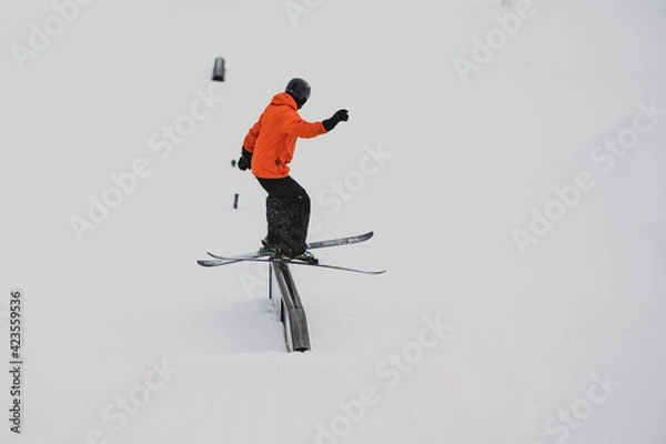 Fototapeta Alpine skiing snowboarding rails winter snow jump