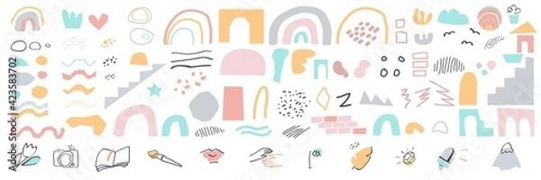 Fototapeta Colored constructor set of hand drawn abstract shapes, lines and doodle objects isolated. Geometric Vector illustration