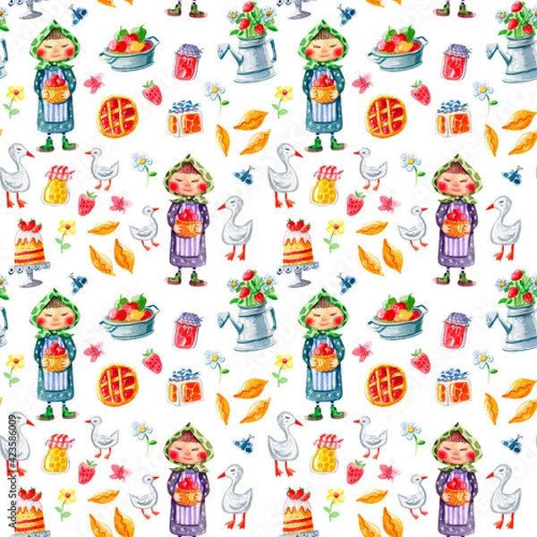 Fototapeta Summer watercolor seamless pattern with grandma, geese, jam, apples, watering can, flowers and pies. For textiles, wallpapers, postcards and various designs. 