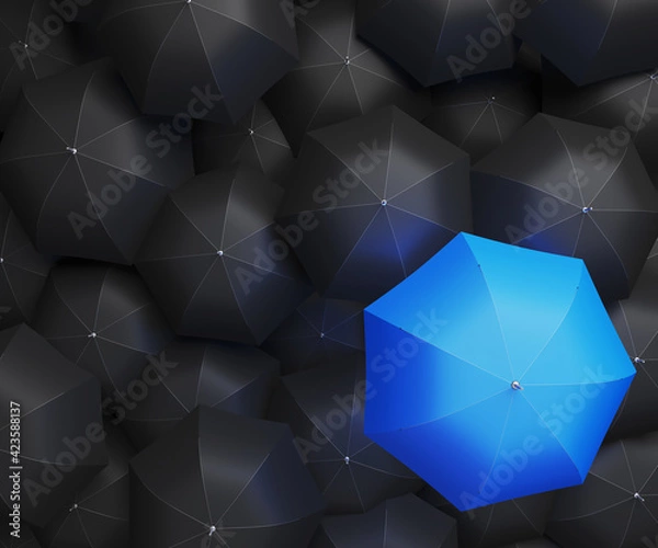 Fototapeta Concept image with lots of black umbrellas and a red umbrella that stands out, be unique