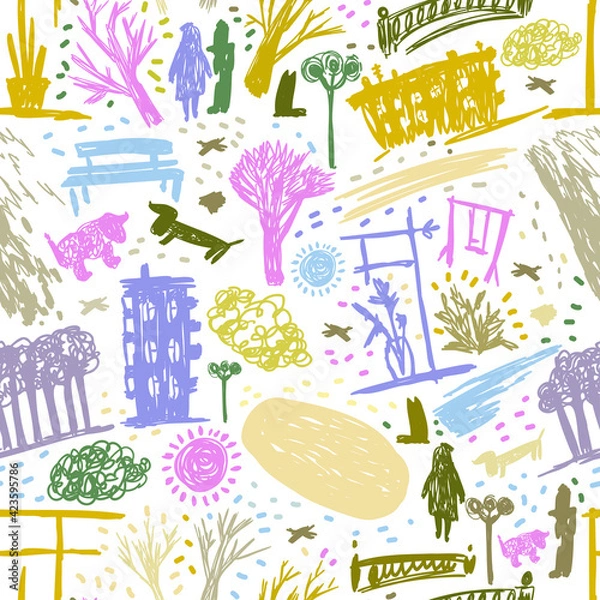 Fototapeta Seamless vector colorful pattern lined sketch of abstract city street in pastel tones on white