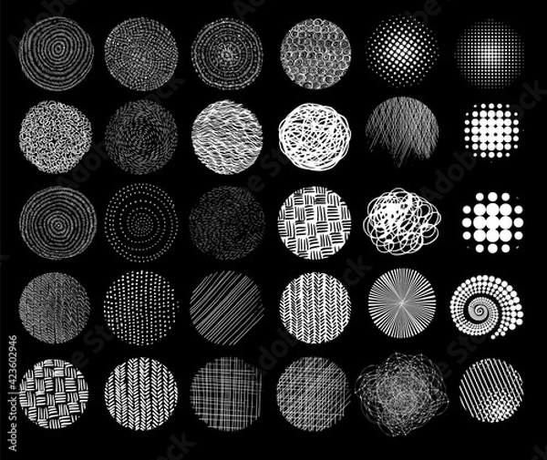 Fototapeta Set of abstract vector halftone stains. Black blots made of round particles. Modern illustration with dark, murky spots. Splattered array of dots. Gradation of tone. Elements of design.