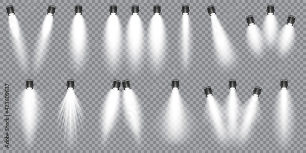 Fototapeta Illuminated studio spotlights collection. Bright light beam. Transparent realistic effect. Stage lighting. Glowing light rays. Vector illustration.
