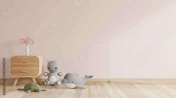 Obraz Children's room with the empty pinkish cream-colored walls is decorated with dolls, with flower vases placed on the cabinets, located on the wooden floor.3d rendering.