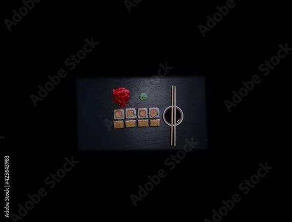 Fototapeta SUSHI ROLLS  and classic sushi and soups with some sweets, menu for sushi bar