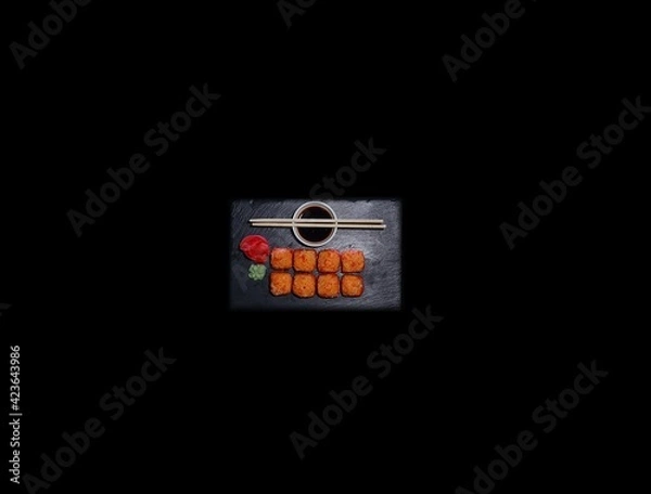 Fototapeta SUSHI ROLLS  and classic sushi and soups with some sweets, menu for sushi bar