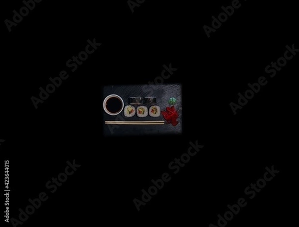 Fototapeta SUSHI ROLLS  and classic sushi and soups with some sweets, menu for sushi bar