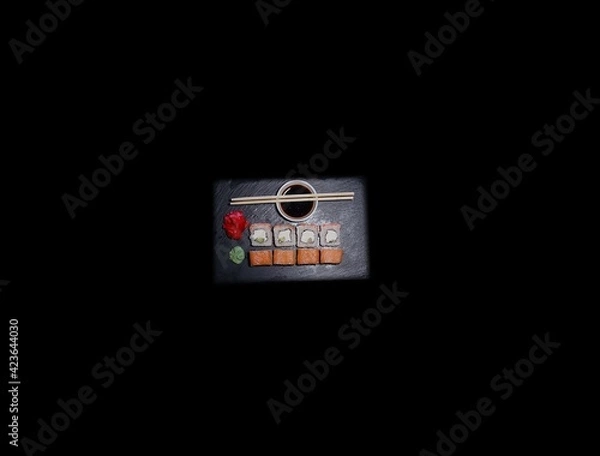 Fototapeta SUSHI ROLLS  and classic sushi and soups with some sweets, menu for sushi bar