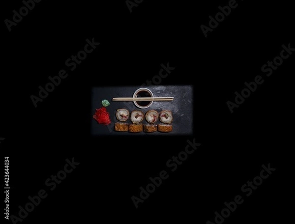 Fototapeta SUSHI ROLLS  and classic sushi and soups with some sweets, menu for sushi bar