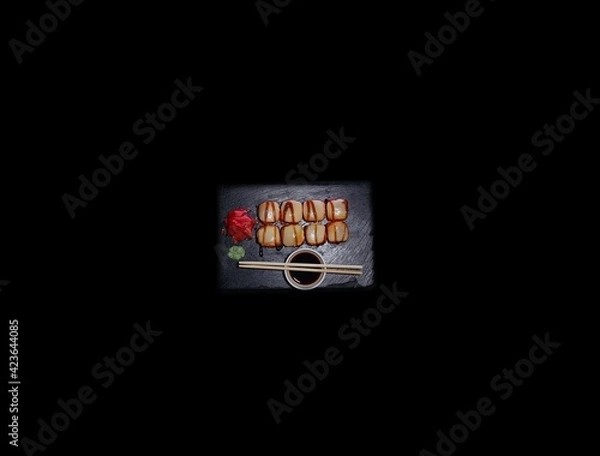 Fototapeta SUSHI ROLLS  and classic sushi and soups with some sweets, menu for sushi bar