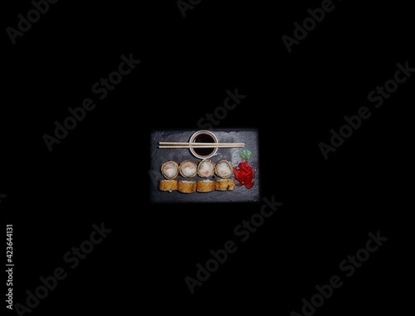 Fototapeta SUSHI ROLLS  and classic sushi and soups with some sweets, menu for sushi bar