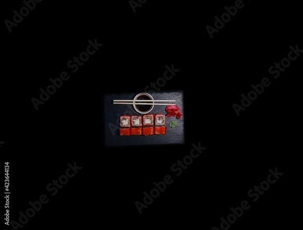 Fototapeta SUSHI ROLLS  and classic sushi and soups with some sweets, menu for sushi bar