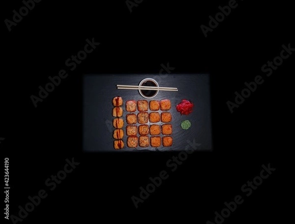 Fototapeta SUSHI ROLLS  and classic sushi and soups with some sweets, menu for sushi bar
