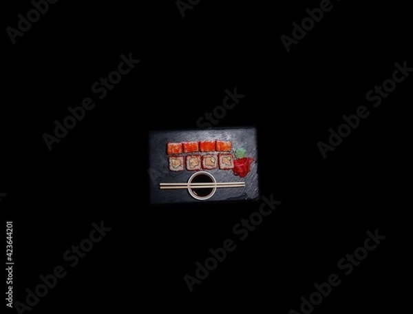 Fototapeta SUSHI ROLLS  and classic sushi and soups with some sweets, menu for sushi bar