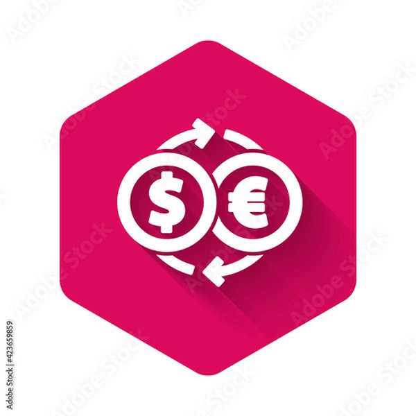 Fototapeta White Money exchange icon isolated with long shadow background. Euro and Dollar cash transfer symbol. Banking currency sign. Pink hexagon button. Vector