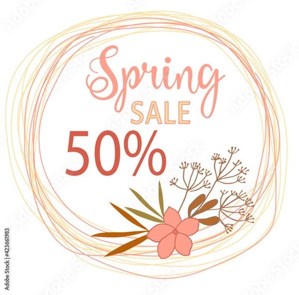 Fototapeta Spring sale 50% Lettering for discount purchase, Banner with color leaves. Vector illustration.