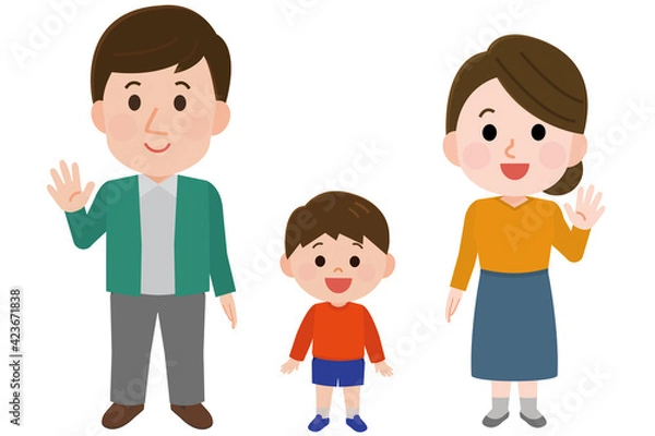 Obraz 手を振る笑顔の親子　全身　イラスト