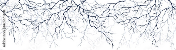 Fototapeta Horizontal seamless pattern of branches. Tricolor silhouettes of dry twigs without leaves. Monochrome drawing on an isolated white background.