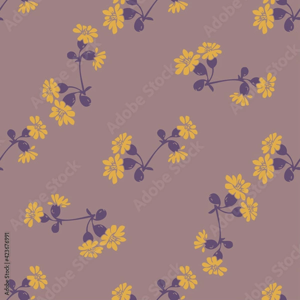 Fototapeta Hand drawn meadow flowers seamless pattern abstract background wallpaper. Line art botanical illustration. Floral wall art vector illustration, trendy color pastel mauve graphic design, print, textile