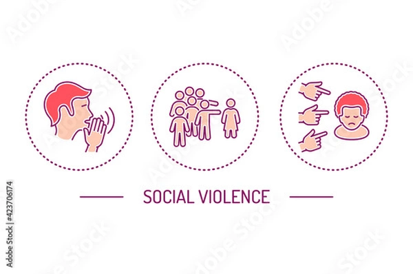Fototapeta Social violence color line icons set. Harassment, social abuse and bullying. Isolated vector element. 