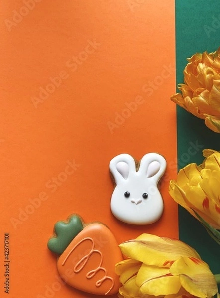 Obraz White Easter bunny gingerbread with orange tulips 