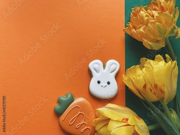 Obraz White Easter bunny gingerbread with orange tulips 